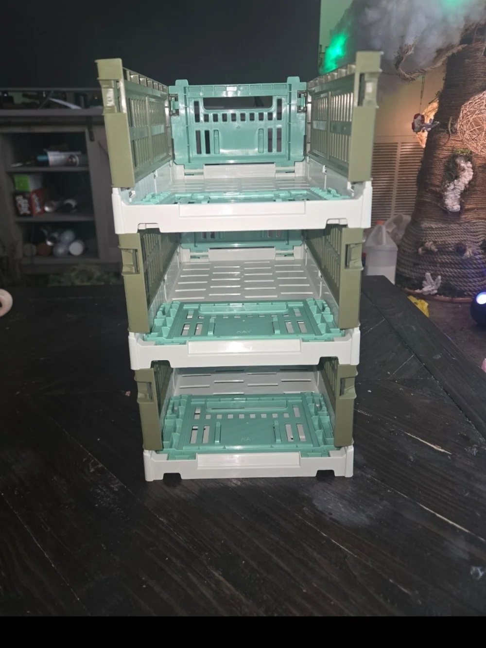 Stackable Olive & Mint Plastic Storage Crates with White Frames